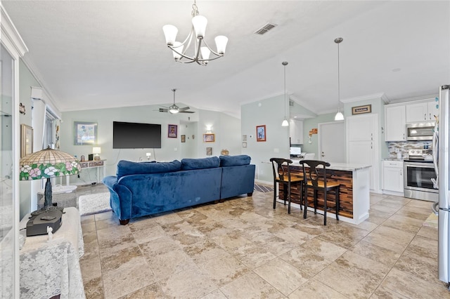 living room with ceiling fan with notable chandelier, crown molding, and vaulted ceiling