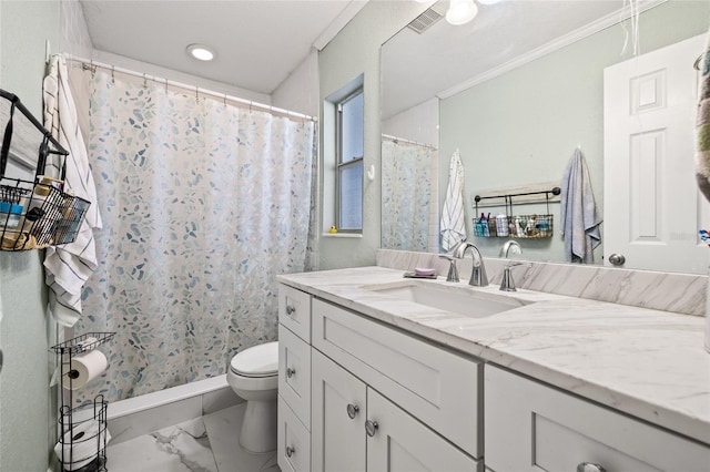 bathroom with curtained shower, toilet, vanity, and ornamental molding