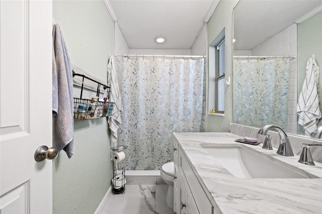 bathroom with walk in shower, a textured ceiling, vanity, crown molding, and toilet