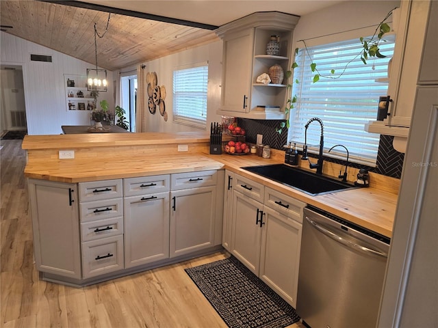 kitchen with wood counters, sink, hanging light fixtures, stainless steel dishwasher, and wood ceiling