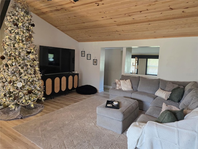 living room featuring wooden ceiling, lofted ceiling, and wood-type flooring