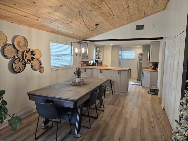 dining area with hardwood / wood-style floors, wooden ceiling, vaulted ceiling, and a notable chandelier