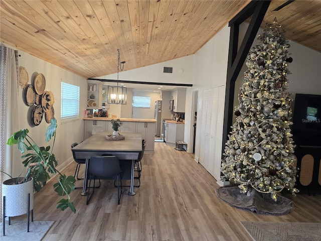 dining space with lofted ceiling, wooden ceiling, light hardwood / wood-style flooring, and an inviting chandelier