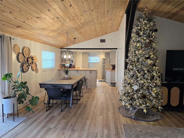 dining area featuring light wood-type flooring, lofted ceiling, and wood ceiling