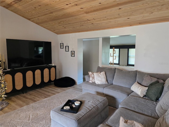 living room with light hardwood / wood-style flooring, wooden ceiling, and lofted ceiling