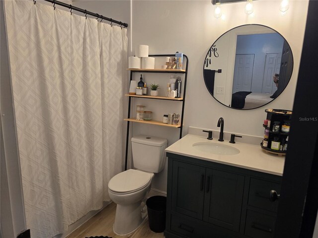 bathroom with vanity, toilet, and wood-type flooring