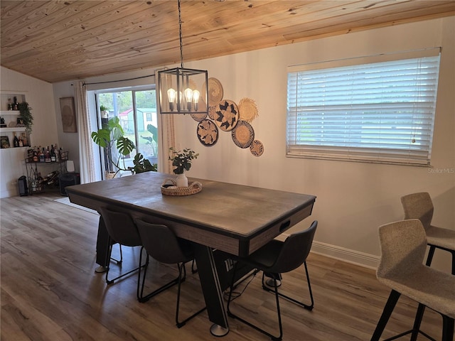 dining room with lofted ceiling, dark hardwood / wood-style floors, wooden ceiling, and a notable chandelier