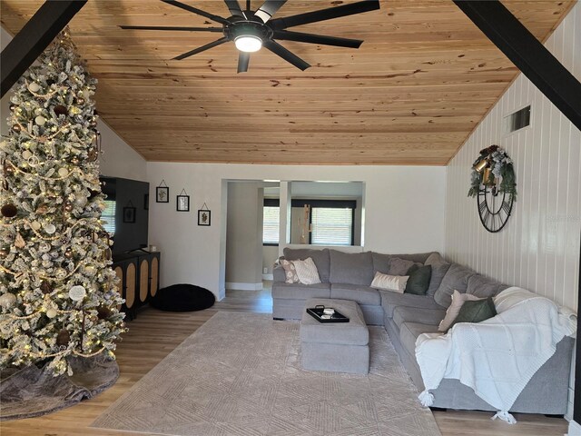 unfurnished living room featuring ceiling fan, wooden ceiling, lofted ceiling, and hardwood / wood-style flooring