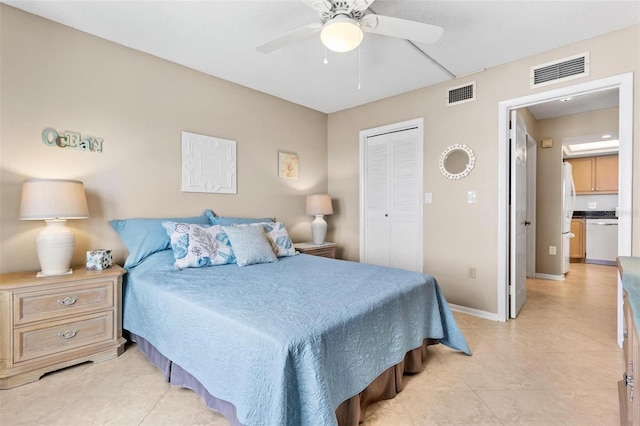 bedroom featuring a closet, ceiling fan, and white fridge