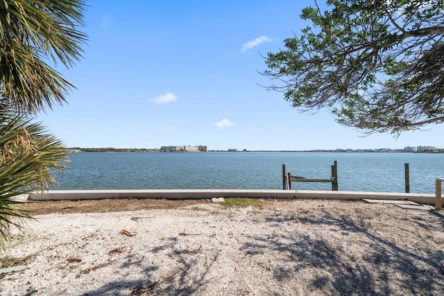 view of water feature with a dock