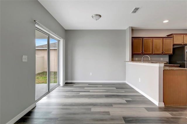 kitchen with hardwood / wood-style floors, light stone countertops, and sink