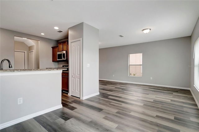 kitchen with light stone countertops, hardwood / wood-style floors, and sink