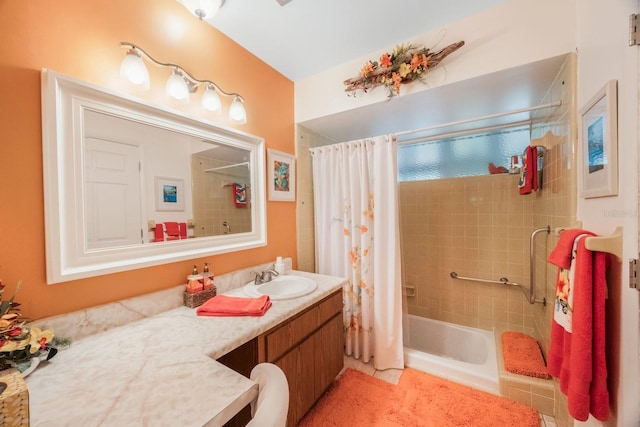 bathroom featuring shower / bath combination with curtain and vanity