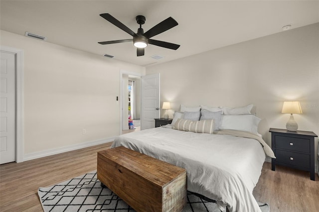 bedroom featuring ceiling fan and light wood-type flooring