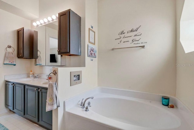 bathroom featuring vanity and a relaxing tiled tub