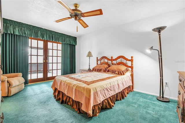 bedroom featuring carpet, french doors, a textured ceiling, and ceiling fan