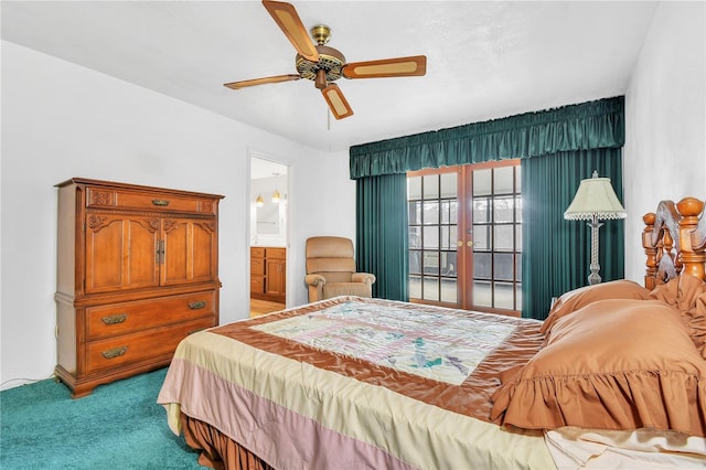 carpeted bedroom with french doors, ensuite bath, and ceiling fan