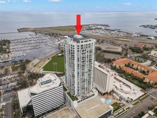 bird's eye view featuring a water view