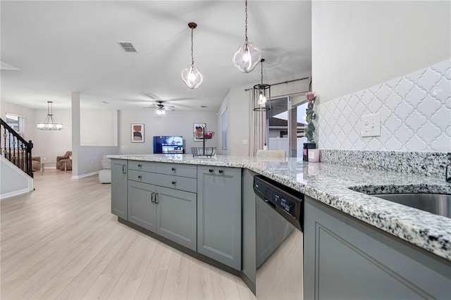 kitchen with hanging light fixtures, stainless steel dishwasher, ceiling fan, gray cabinets, and light hardwood / wood-style floors