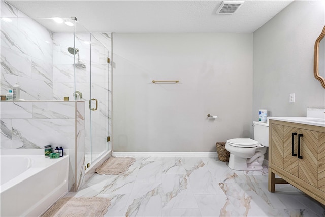 full bathroom featuring separate shower and tub, vanity, a textured ceiling, and toilet