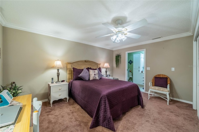 bedroom featuring ensuite bath, light carpet, ceiling fan, and ornamental molding