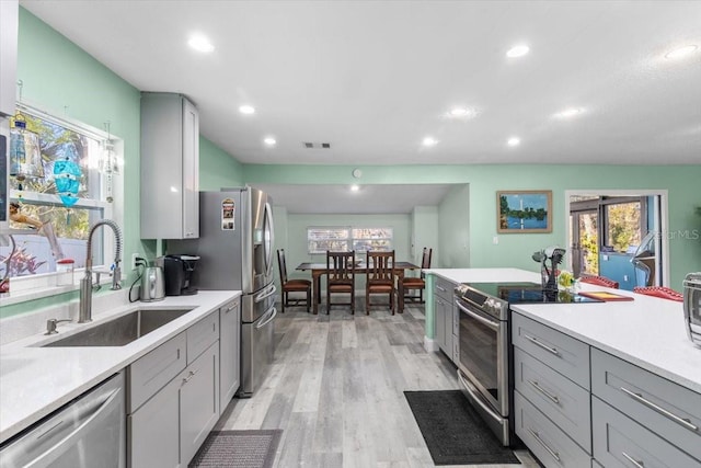 kitchen with appliances with stainless steel finishes, a wealth of natural light, gray cabinetry, sink, and light hardwood / wood-style flooring