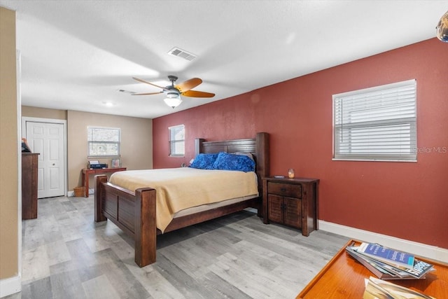 bedroom with ceiling fan and light hardwood / wood-style floors