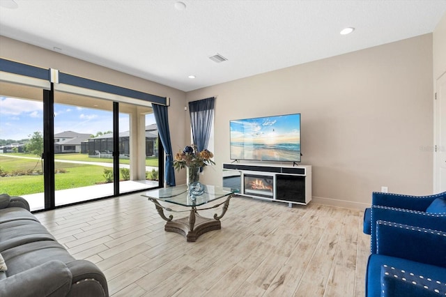 living room with light hardwood / wood-style flooring