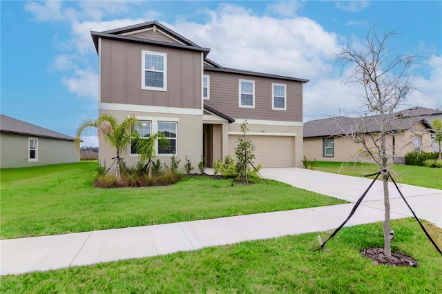 11307 Linden Depot Rd, San Antonio, FL 33576 - view of front of property with concrete driveway, a garage, a front yard, board and batten siding, and stucco siding