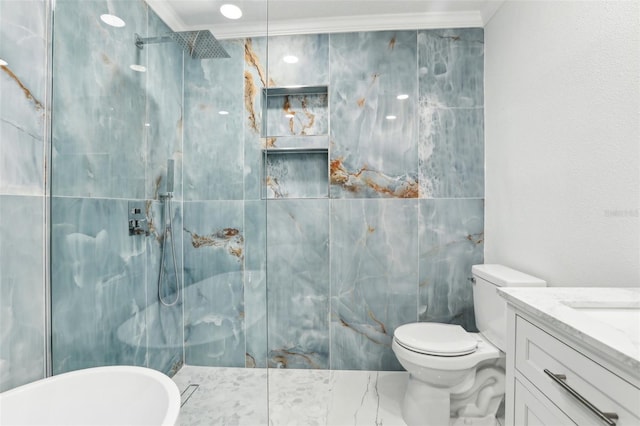 bathroom with vanity, toilet, crown molding, and walk in shower