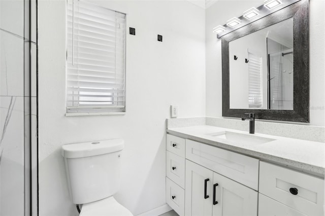 bathroom with vanity, toilet, and walk in shower