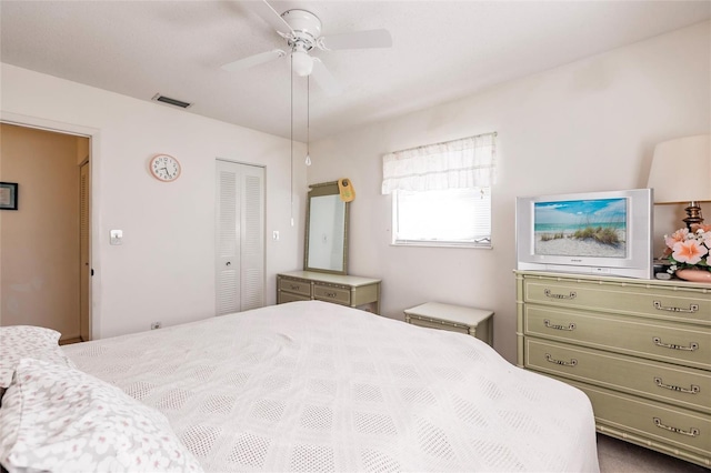 bedroom featuring ceiling fan and a closet