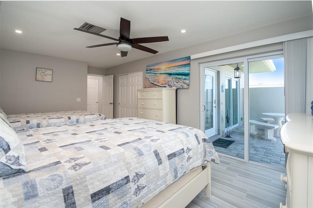 bedroom with ceiling fan, a closet, and access to exterior