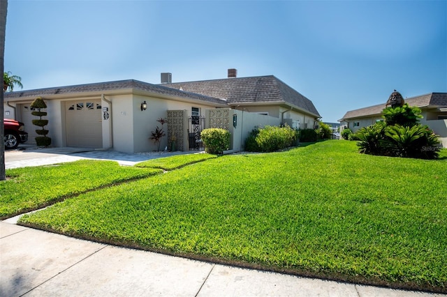 view of front of home with a front lawn and a garage