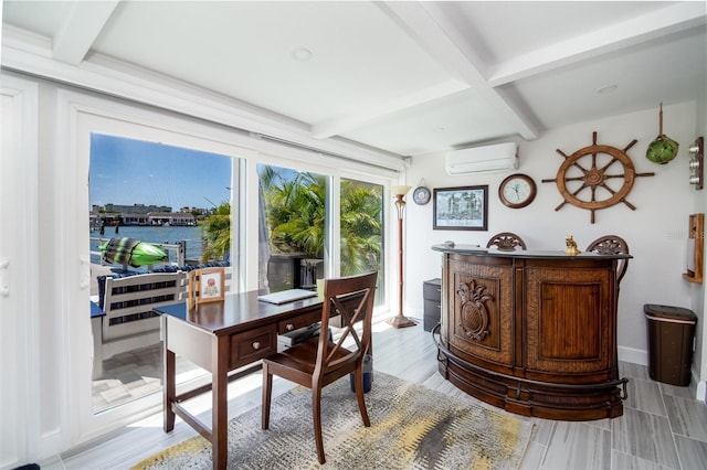 dining area featuring coffered ceiling, an AC wall unit, beamed ceiling, and a water view