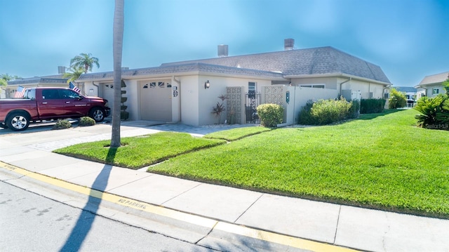 view of front facade with a front lawn and a garage