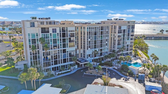 view of building exterior with a water view