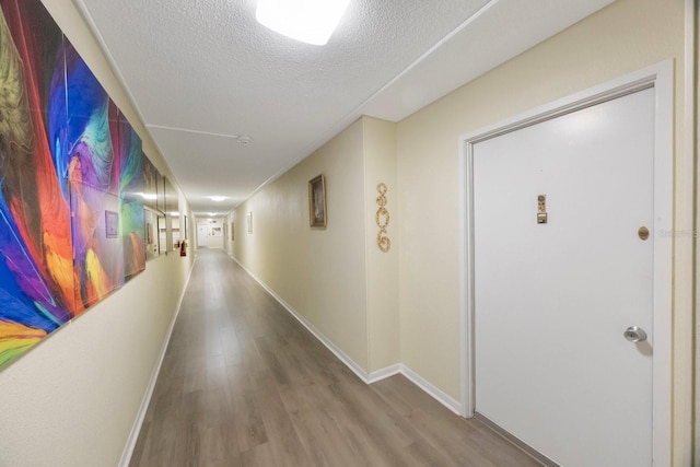 corridor featuring wood-type flooring and a textured ceiling