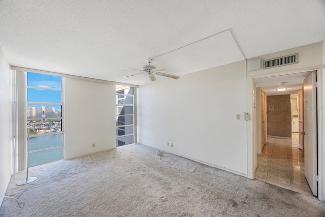 spare room featuring a water view, light carpet, a textured ceiling, expansive windows, and ceiling fan