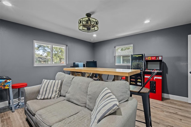 living room with light hardwood / wood-style floors and a healthy amount of sunlight