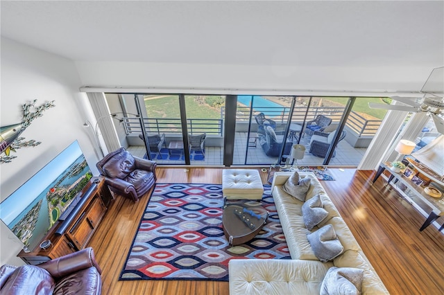 living room with ceiling fan and hardwood / wood-style flooring