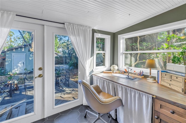 sunroom featuring wooden ceiling