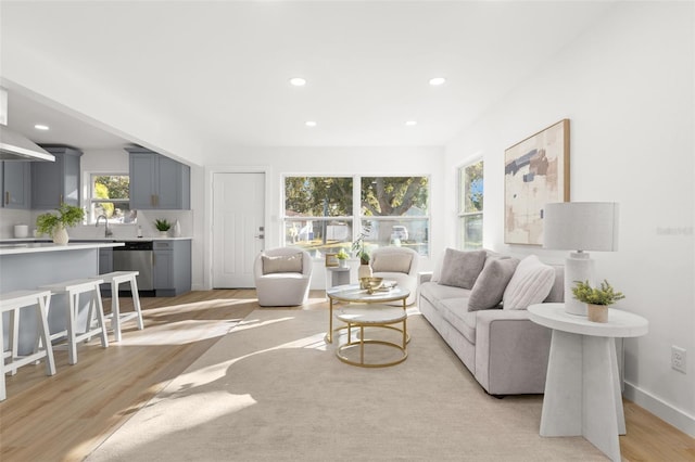 living room featuring sink and light hardwood / wood-style floors