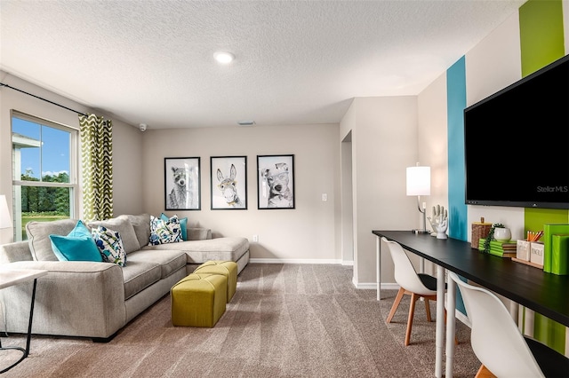 living room featuring carpet and a textured ceiling