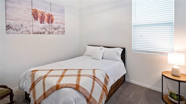 bedroom with dark carpet