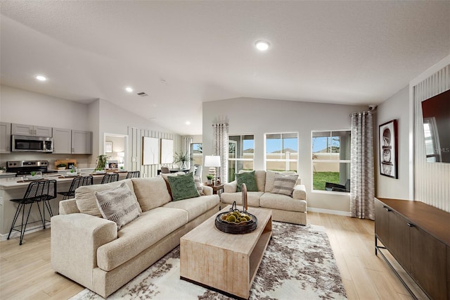 living room featuring light hardwood / wood-style floors and lofted ceiling