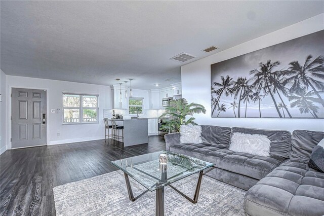 living room featuring dark wood-type flooring, visible vents, and baseboards