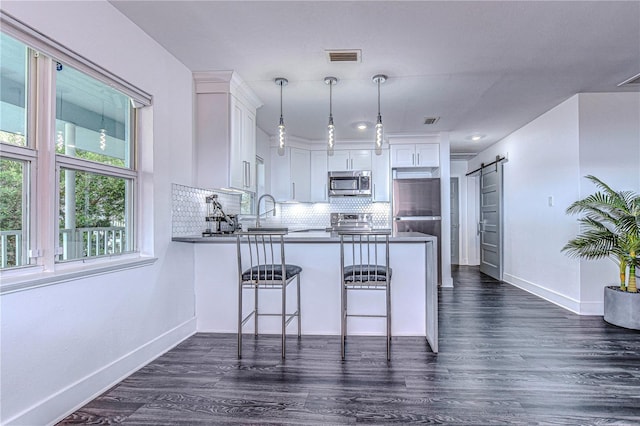 kitchen with a barn door, decorative backsplash, appliances with stainless steel finishes, a peninsula, and white cabinetry