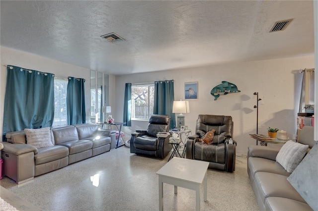 living room with a textured ceiling