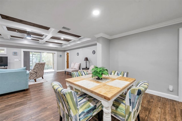 dining space featuring beam ceiling, ceiling fan, dark wood-type flooring, coffered ceiling, and crown molding